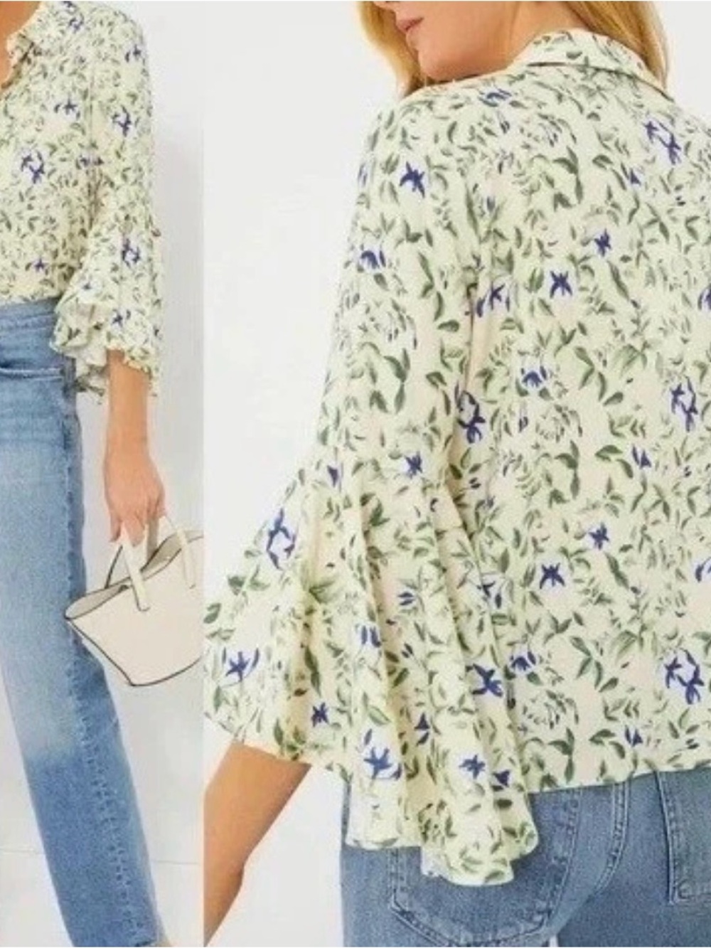 XXXL Tuckernuck Ivory Floral Print Top w/ Bell Ruffled Sleeves NWT